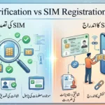 "SIM Verification vs SIM Registration in Pakistan infographic showing verification on the left with magnifying glass and SIM cards, and registration on the right with ID card and SIM linking icons."